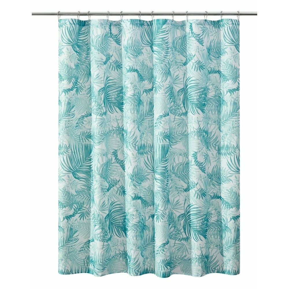 Tropical Oasis Shower Curtain Green Palm Leaves Ribbed Striped Textured Bath NWT